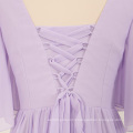 Crisscross Lace Up Flare Short Sleeve Long Wedding Bridesmaid Dress Purple